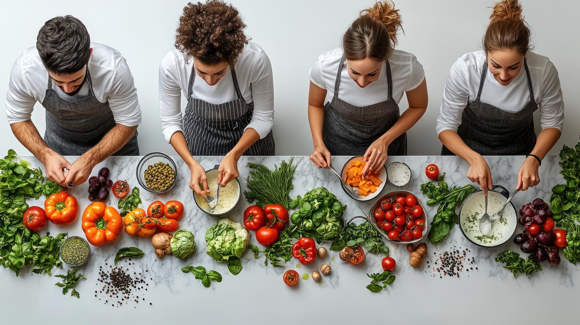 Kitchen team preparing plated food