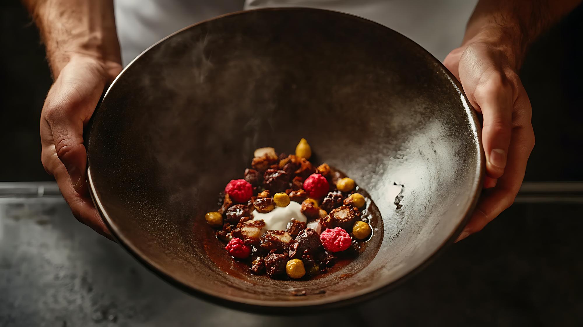 Chef arranging plated dish on wooden table
